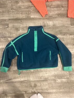 Women’s Cozy Half-Zip Puffer Fleece Jacket — Teal Trim
